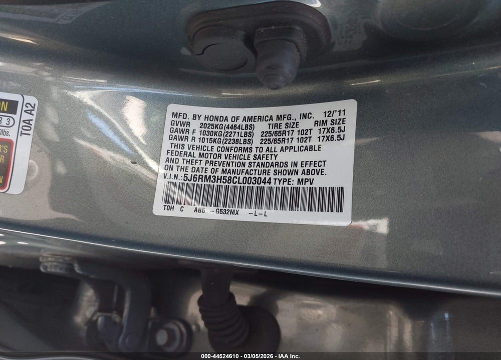 2012 HONDA CR-V EX VIN: 5J6RM3H58CL003044