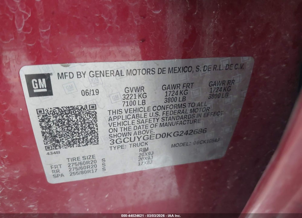 2019 CHEVROLET SILVERADO 1500 LTZ VIN: 3GCUYGED0KG242686