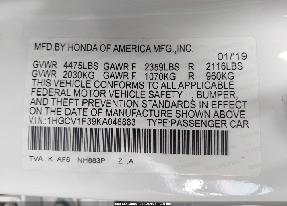 2019 HONDA ACCORD SPORT VIN: 1HGCV1F39KA046883