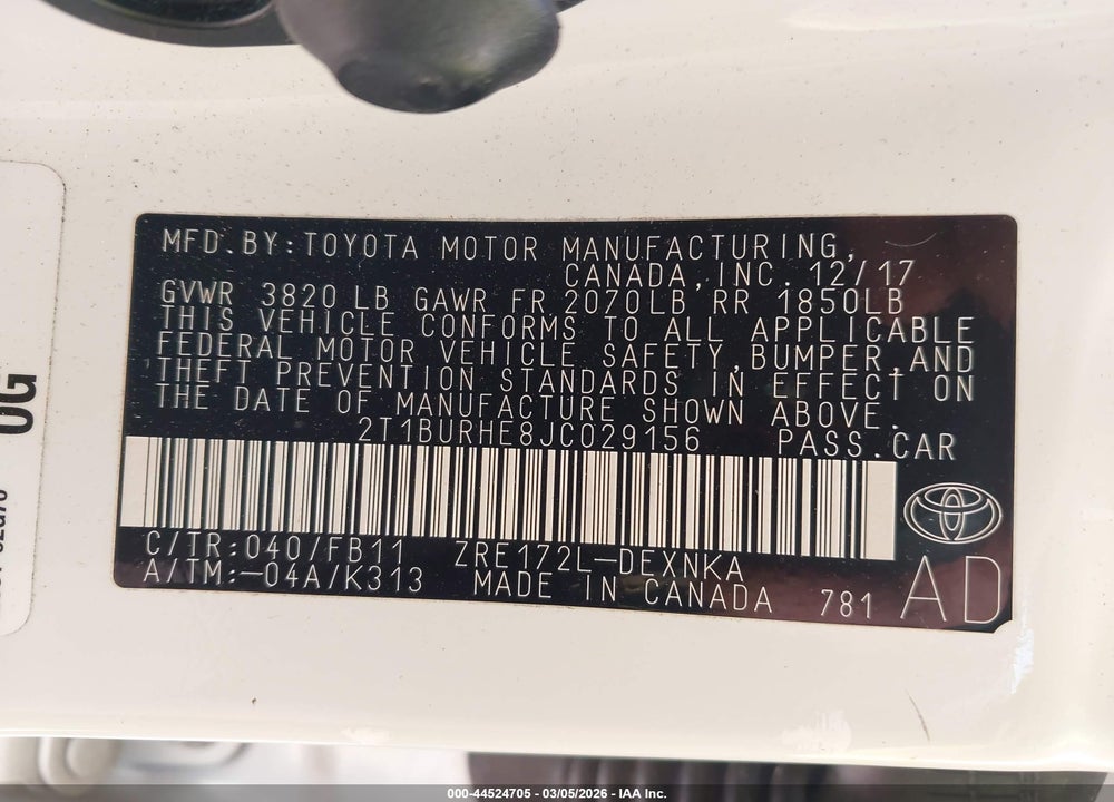 2018 TOYOTA COROLLA LE VIN: 2T1BURHE8JC029156