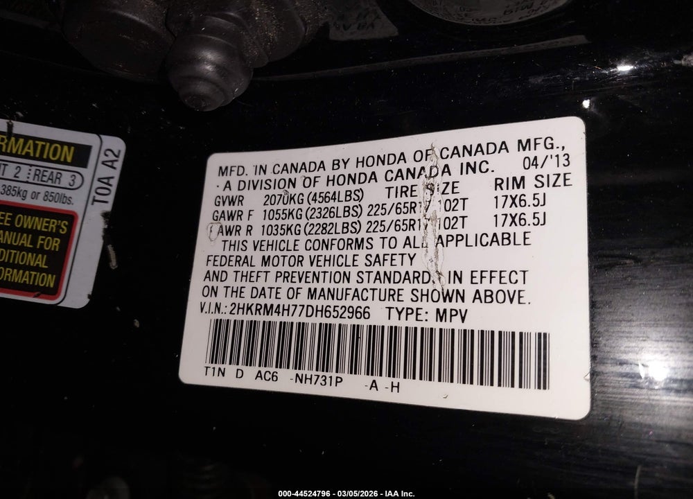 2013 HONDA CR-V EX-L VIN: 2HKRM4H77DH652966