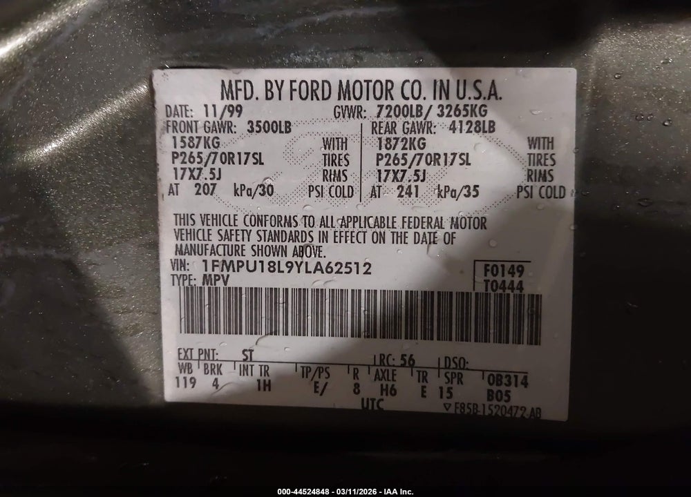 2000 FORD EXPEDITION EDDIE BAUER VIN: 1FMPU18L9YLA62512