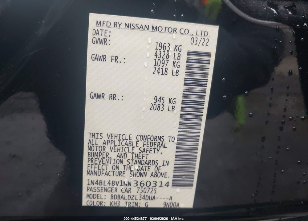 2022 NISSAN ALTIMA S FWD VIN: 1N4BL4BV1NN360314