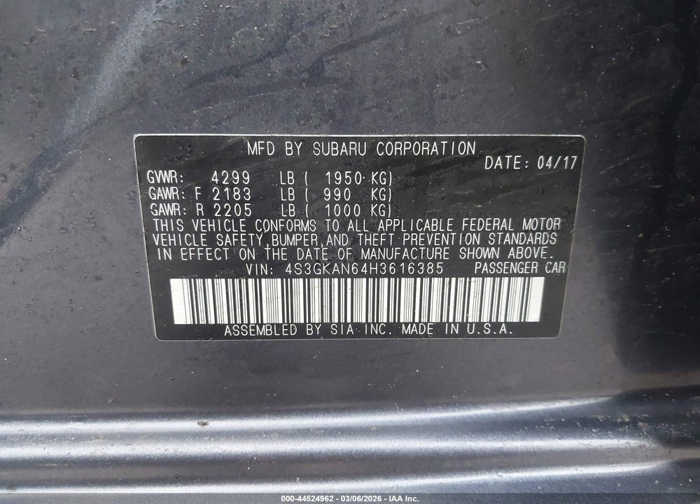2017 SUBARU IMPREZA 2.0I LIMITED VIN: 4S3GKAN64H3616385