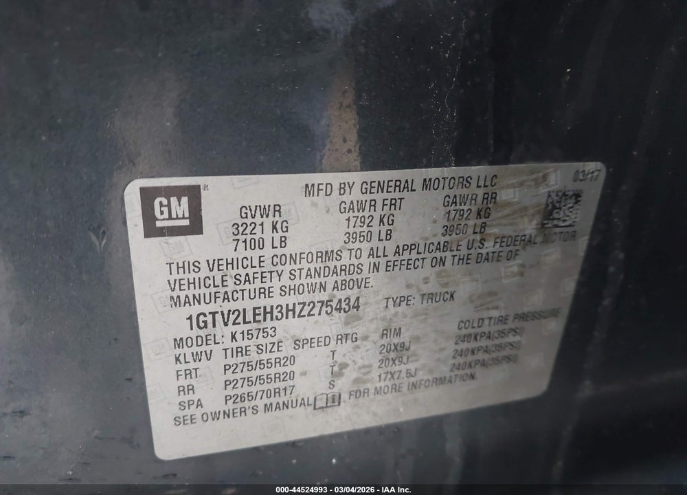 2017 GMC SIERRA 1500 VIN: 1GTV2LEH3HZ275434