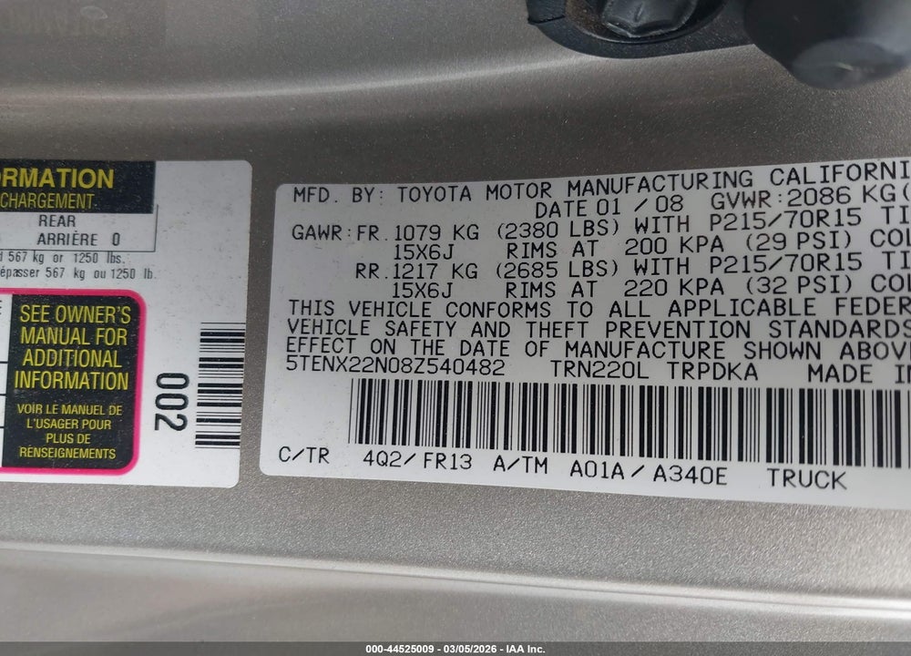 2008 TOYOTA TACOMA VIN: 5TENX22N08Z540482