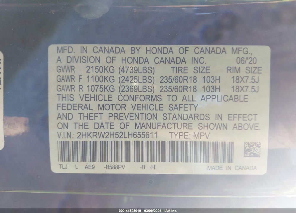 2020 HONDA CR-V AWD EX VIN: 2HKRW2H52LH655611