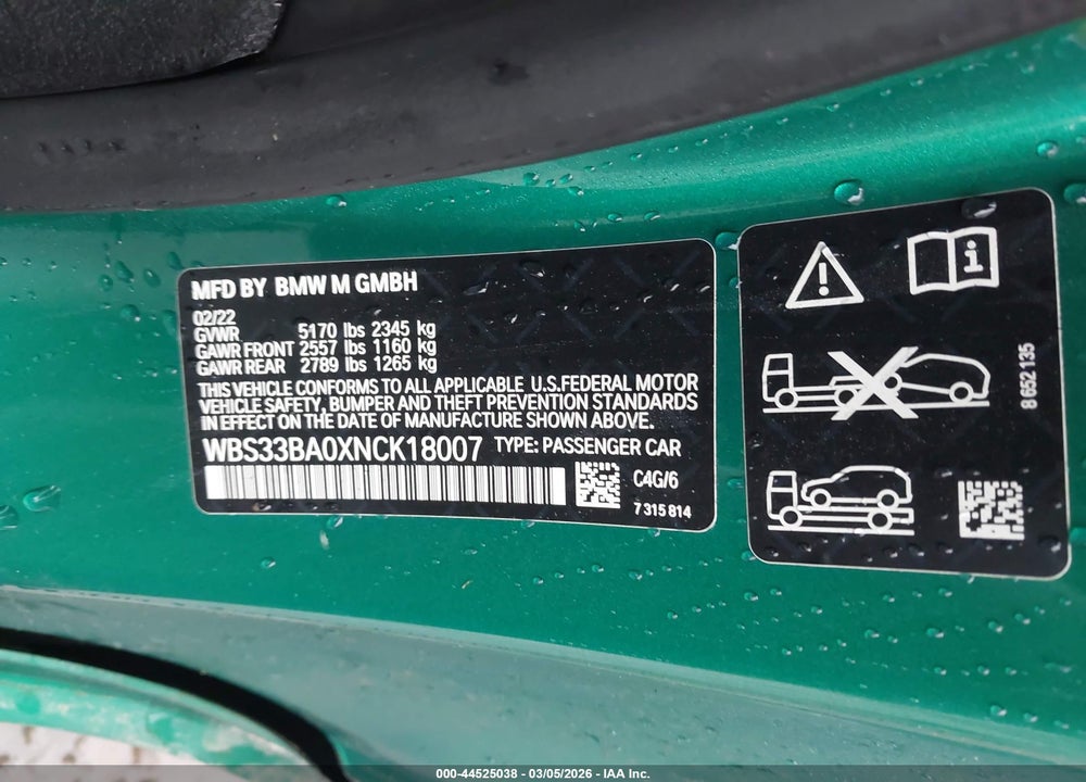 2022 BMW M4 COMPETITION XDRIVE VIN: WBS33BA0XNCK18007