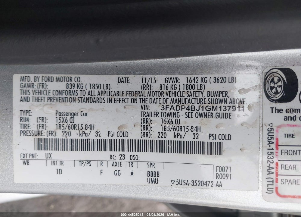 2016 FORD FIESTA SE VIN: 3FADP4BJ1GM137911