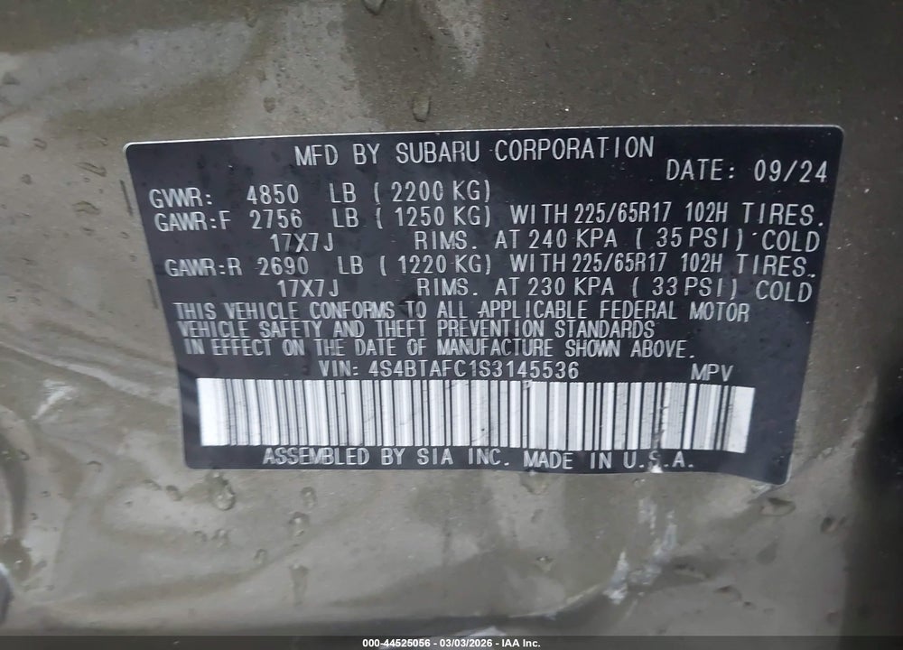 2025 SUBARU OUTBACK PREMIUM VIN: 4S4BTAFC1S3145536