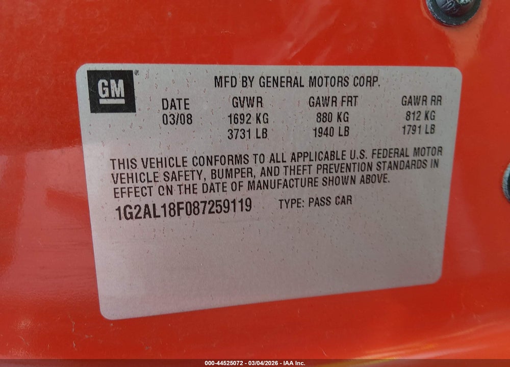 2008 PONTIAC G5 VIN: 1G2AL18F087259119