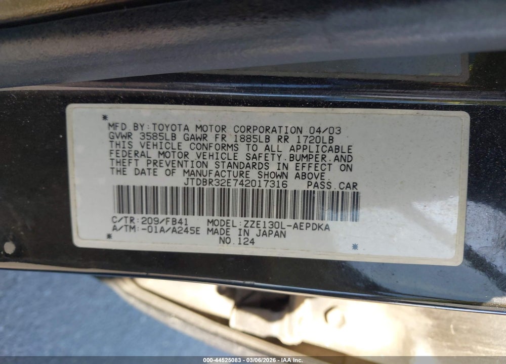 2004 TOYOTA COROLLA CE VIN: JTDBR32E742017316