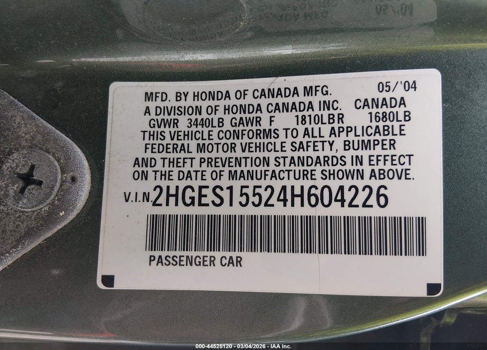 2004 HONDA CIVIC LX VIN: 2HGES15524H604226