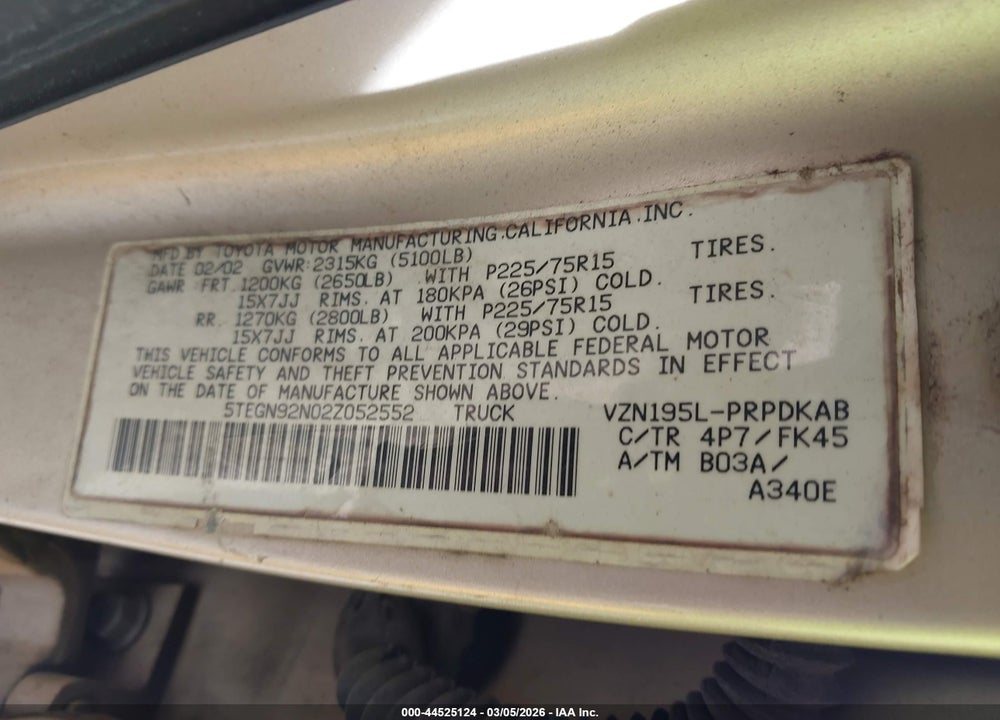 2002 TOYOTA TACOMA PRERUNNER V6 VIN: 5TEGN92N02Z052552