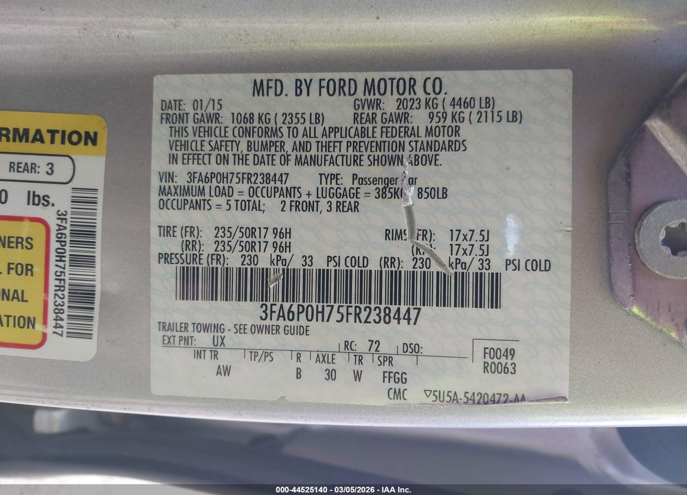 2015 FORD FUSION SE VIN: 3FA6P0H75FR238447