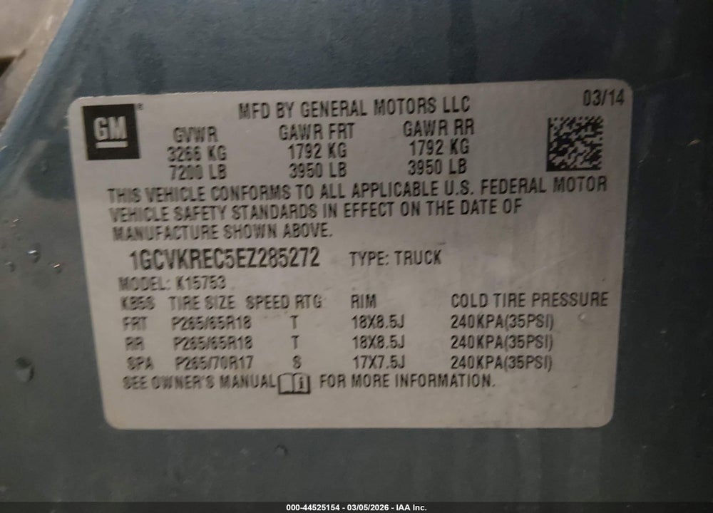 2014 CHEVROLET SILVERADO VIN: 1GCVKREC5EZ285272