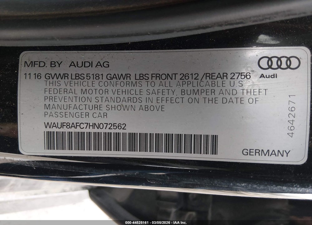 2017 AUDI A6 2.0T PREMIUM VIN: WAUF8AFC7HN072562