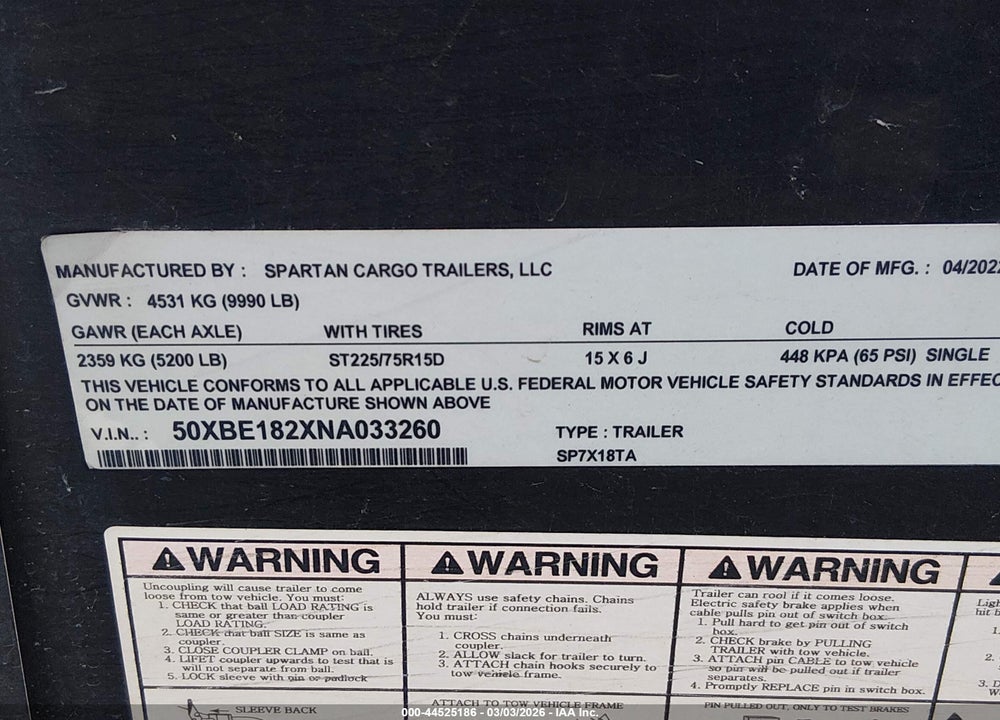 2022 SPARTA MANUFACTURING CORP OTHER VIN: 50XBE182XNA033260
