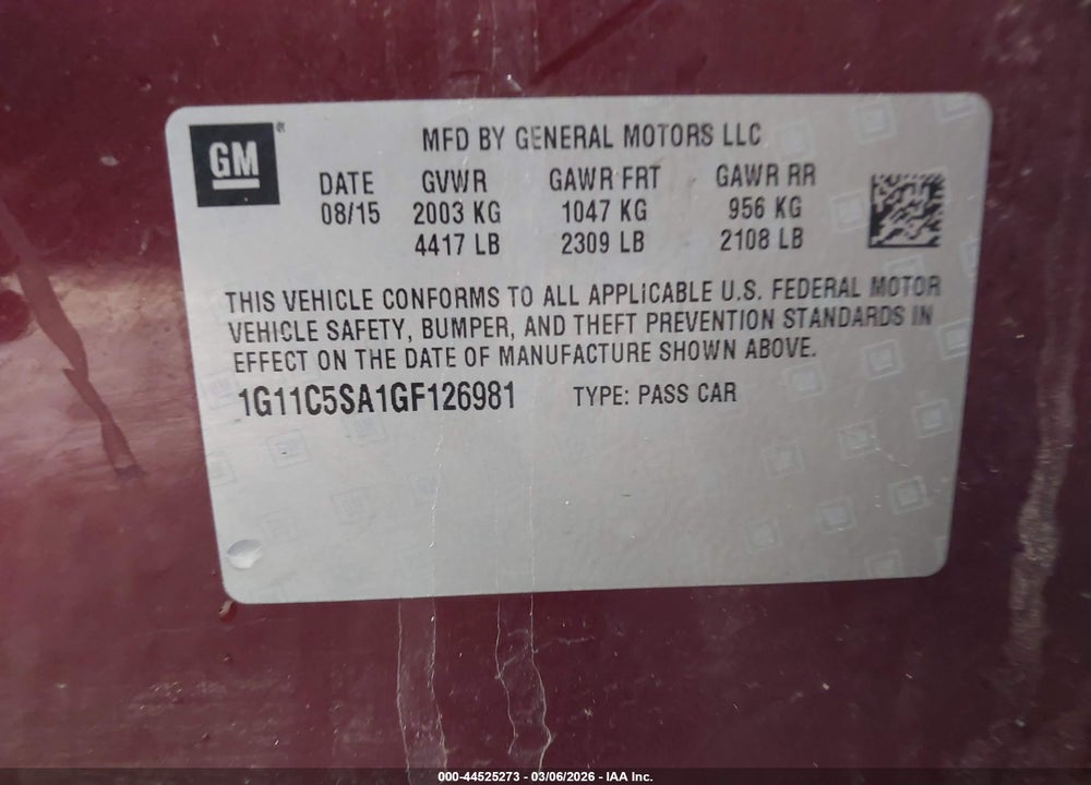2016 CHEVROLET MALIBU LIMITED LT VIN: 1G11C5SA1GF126981