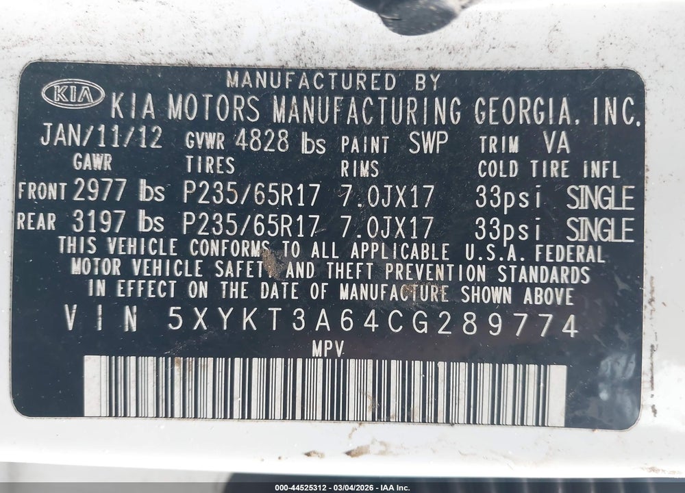 2012 KIA SORENTO LX VIN: 5XYKT3A64CG289774