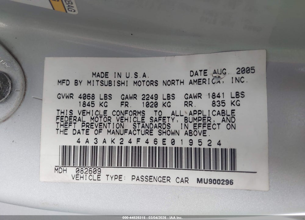 2006 MITSUBISHI ECLIPSE GS VIN: 4A3AK24F46E019524