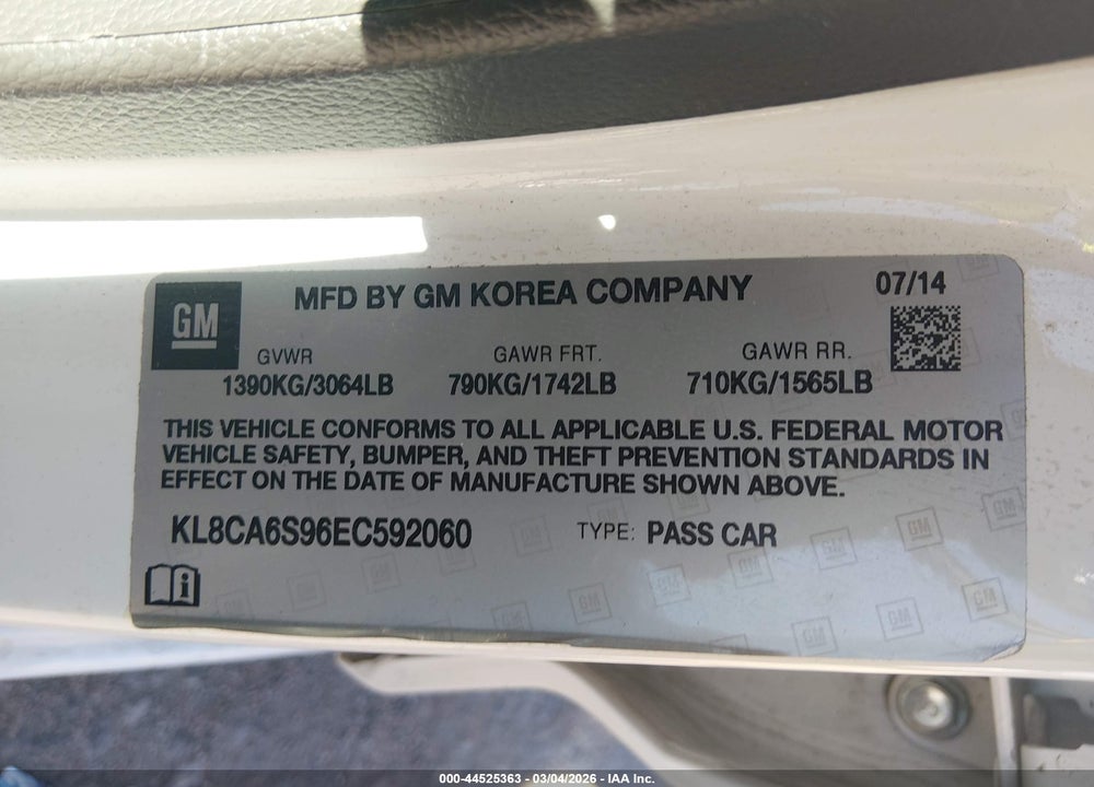 2014 CHEVROLET SPARK LS MANUAL VIN: KL8CA6S96EC592060