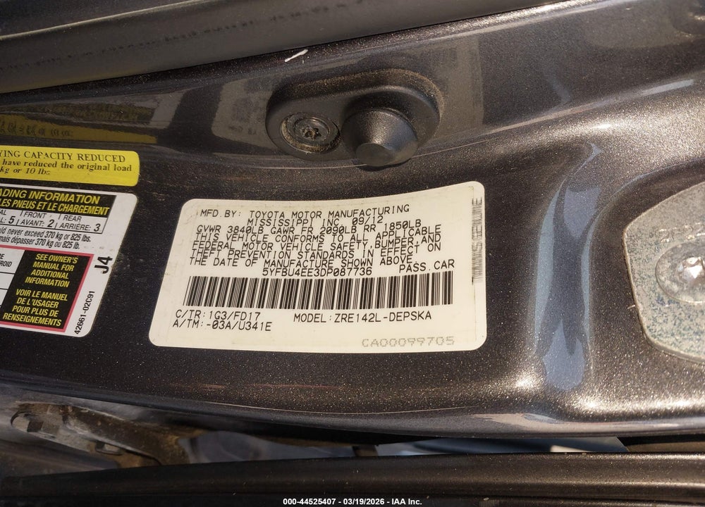 2013 TOYOTA COROLLA S VIN: 5YFBU4EE3DP087736