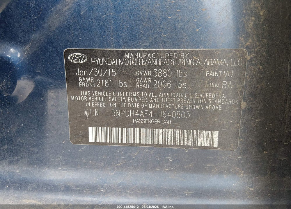 2015 HYUNDAI ELANTRA SE VIN: 5NPDH4AE4FH640803