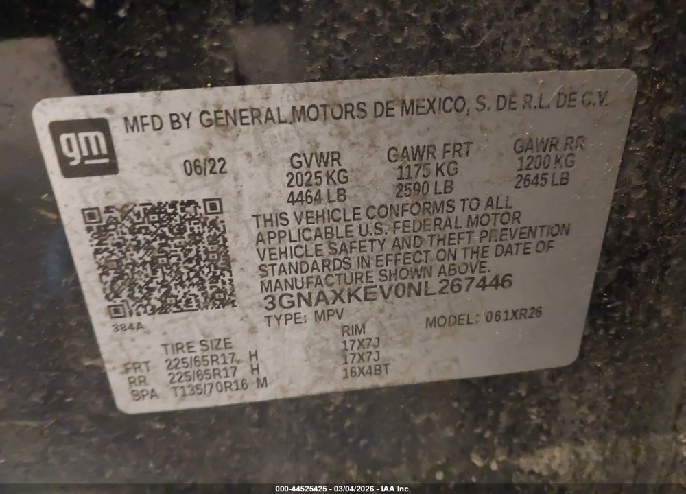 2022 CHEVROLET EQUINOX FWD LT VIN: 3GNAXKEV0NL267446