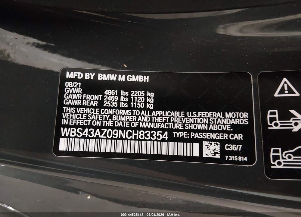 2022 BMW M4 COMPETITION XDRIVE VIN: WBS43AZ09NCH83354