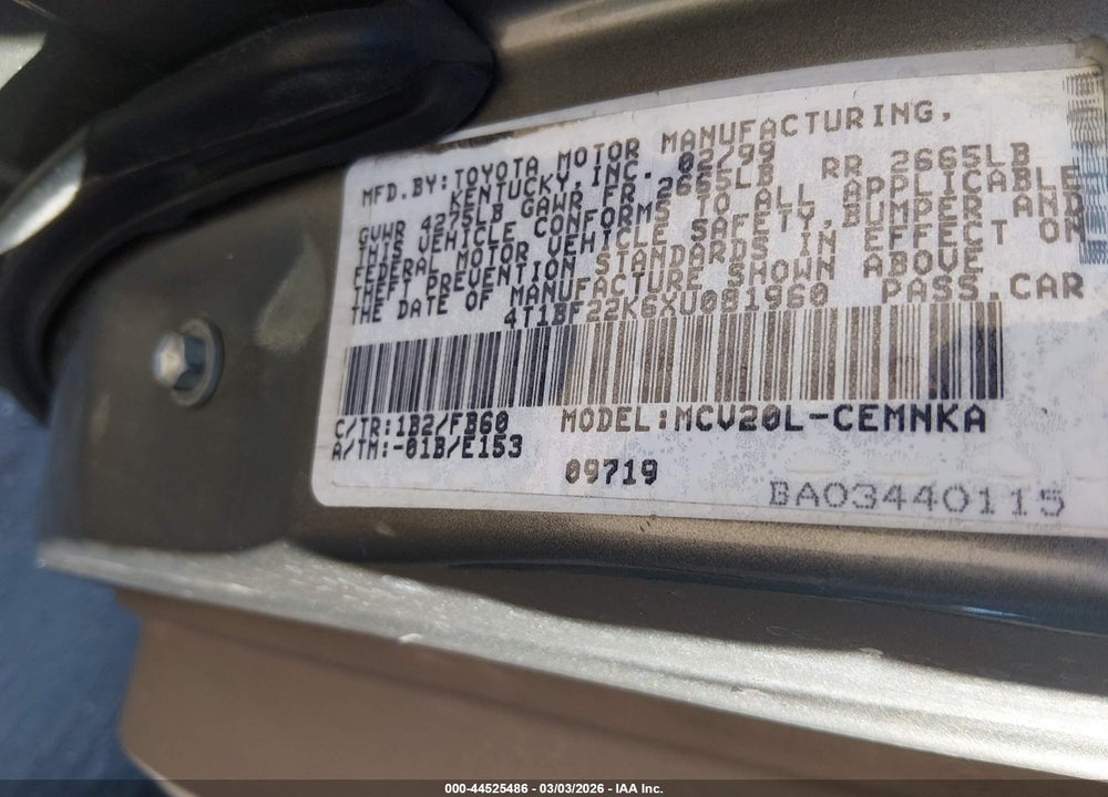 1999 TOYOTA CAMRY LE V6 VIN: 4T1BF22K6XU081960
