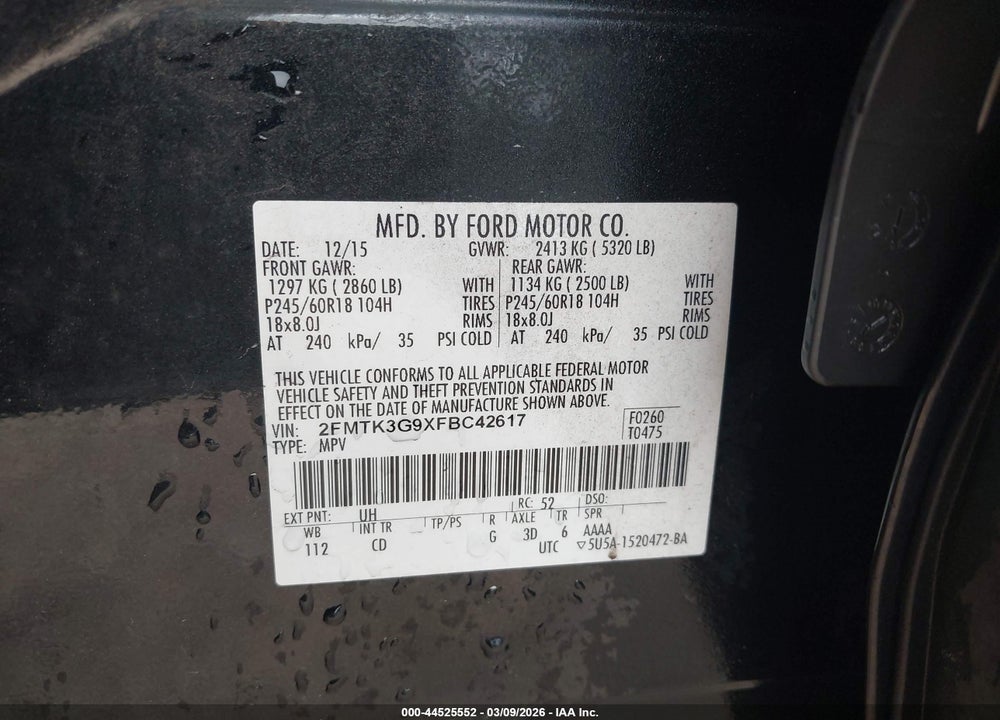 2015 FORD EDGE SE VIN: 2FMTK3G9XFBC42617