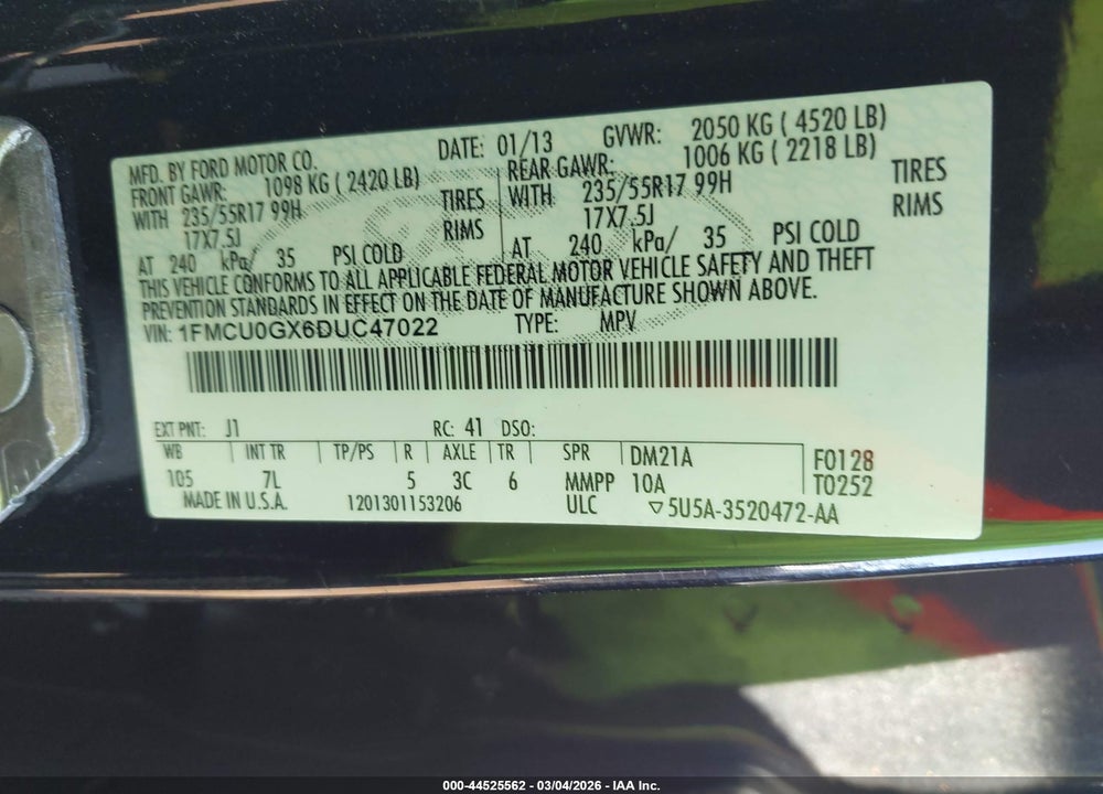 2013 FORD ESCAPE SE VIN: 1FMCU0GX6DUC47022