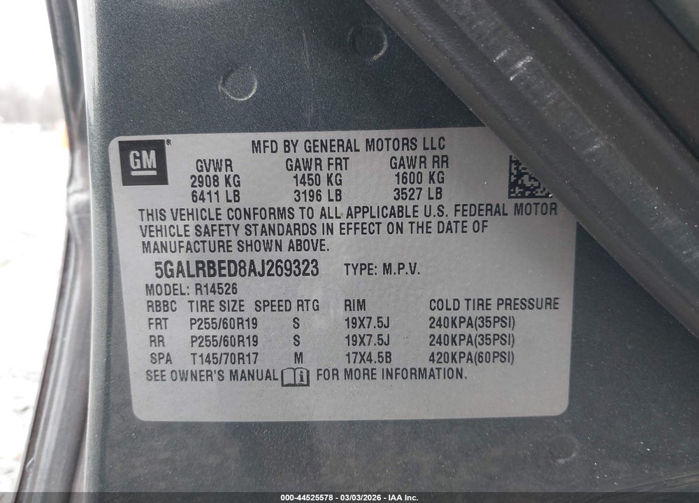 2010 BUICK ENCLAVE 1XL VIN: 5GALRBED8AJ269323