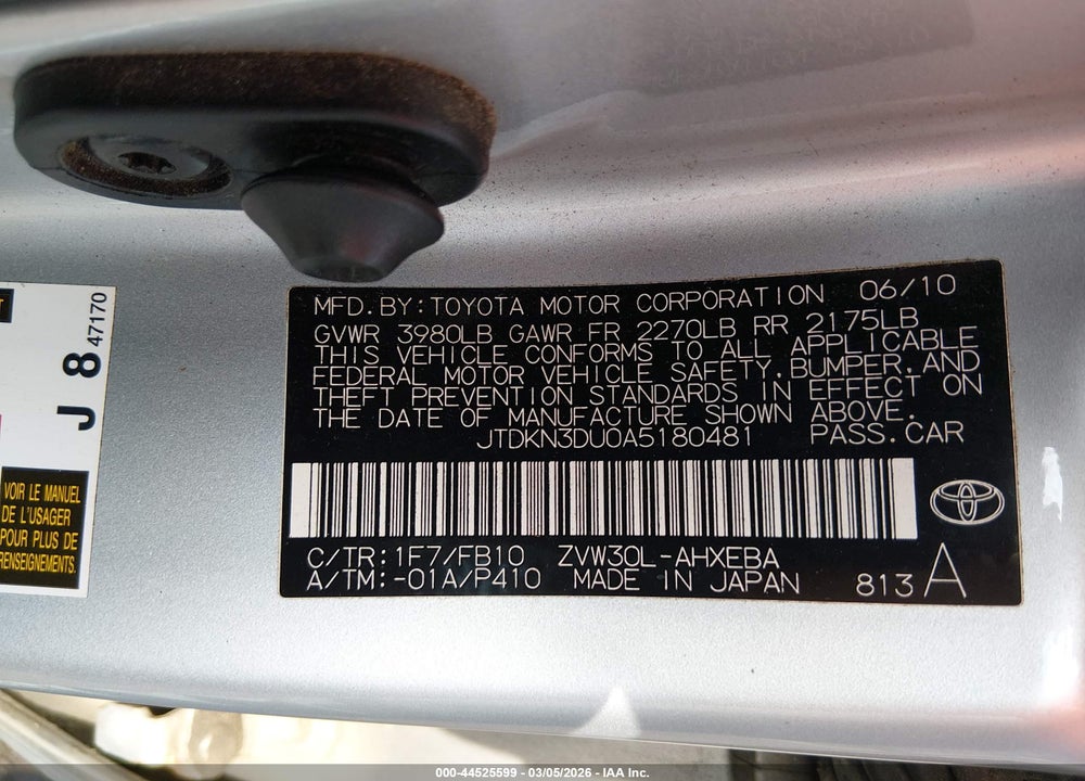 2010 TOYOTA PRIUS II VIN: JTDKN3DU0A5180481