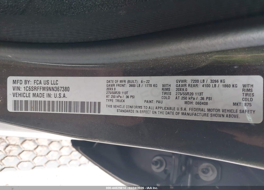 2022 RAM 1500 VIN: 1C6SRFFM9NN367380
