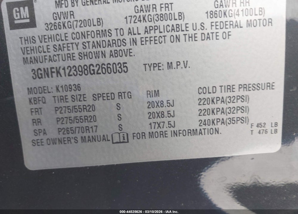 2008 CHEVROLET AVALANCHE 1500 LTZ VIN: 3GNFK12398G266035