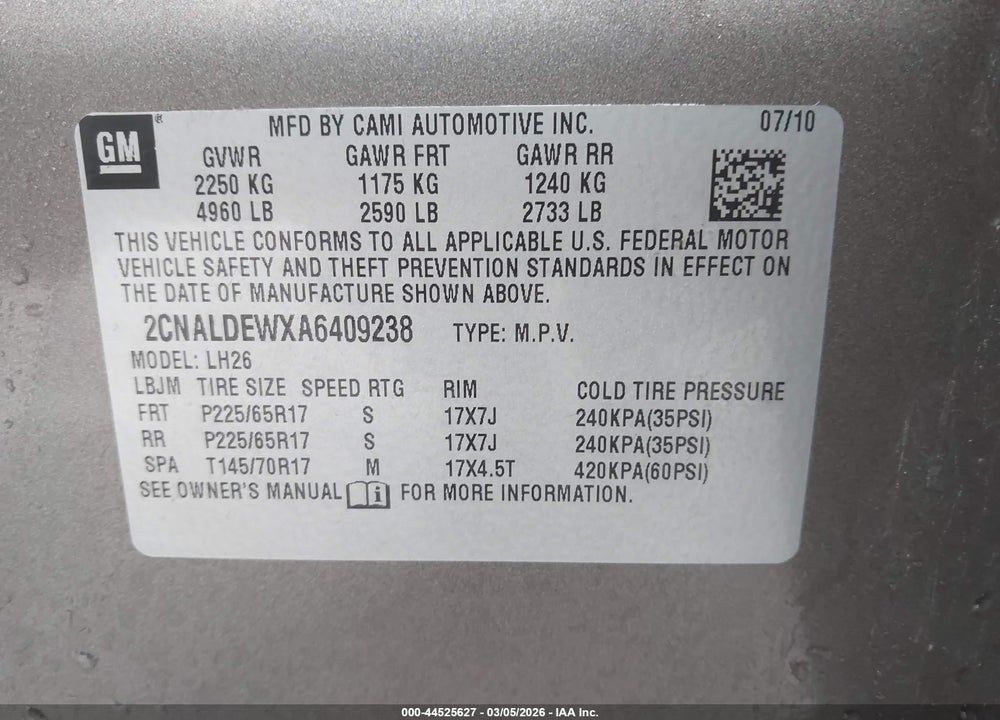 2010 CHEVROLET EQUINOX LT VIN: 2CNALDEWXA6409238