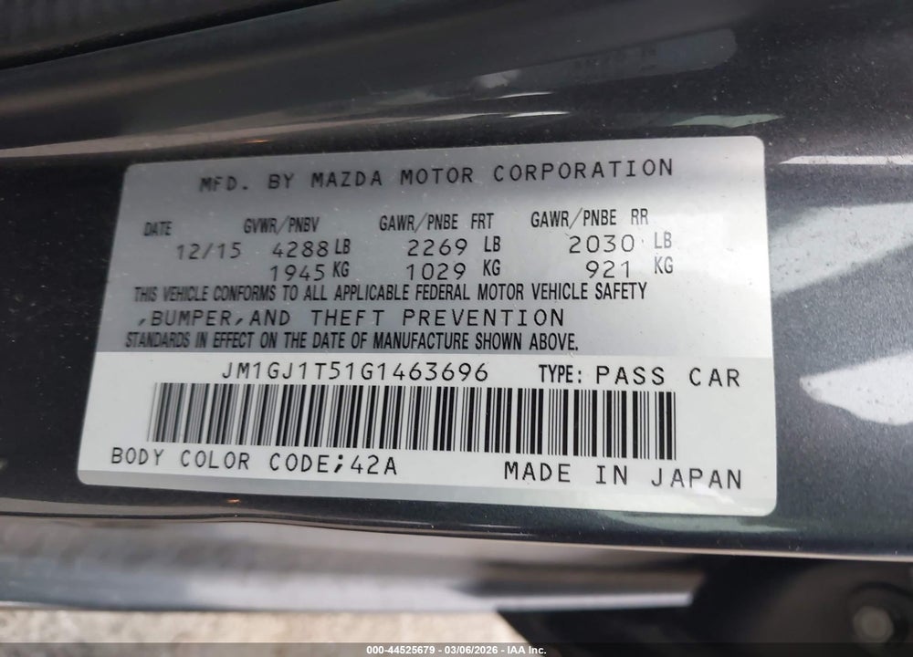 2016 MAZDA 6 I TOURING VIN: JM1GJ1T51G1463696