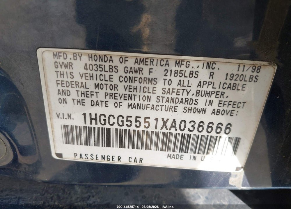 1999 HONDA ACCORD EX VIN: 1HGCG5551XA036666