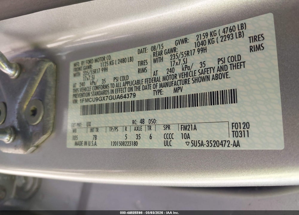 2016 FORD ESCAPE SE VIN: 1FMCU9GX7GUA64379