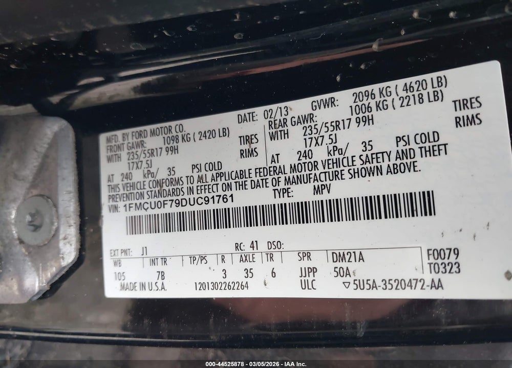 2013 FORD ESCAPE S VIN: 1FMCU0F79DUC91761