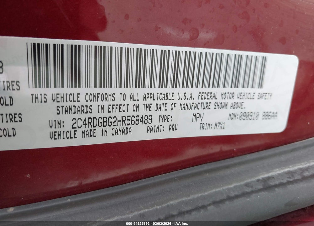 2017 DODGE GRAND CARAVAN SE PLUS VIN: 2C4RDGBG2HR568489
