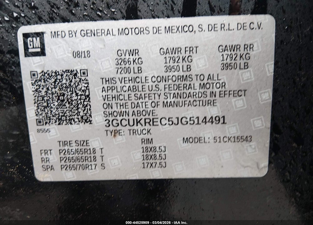 2018 CHEVROLET SILVERADO 1500 2LT VIN: 3GCUKREC5JG514491