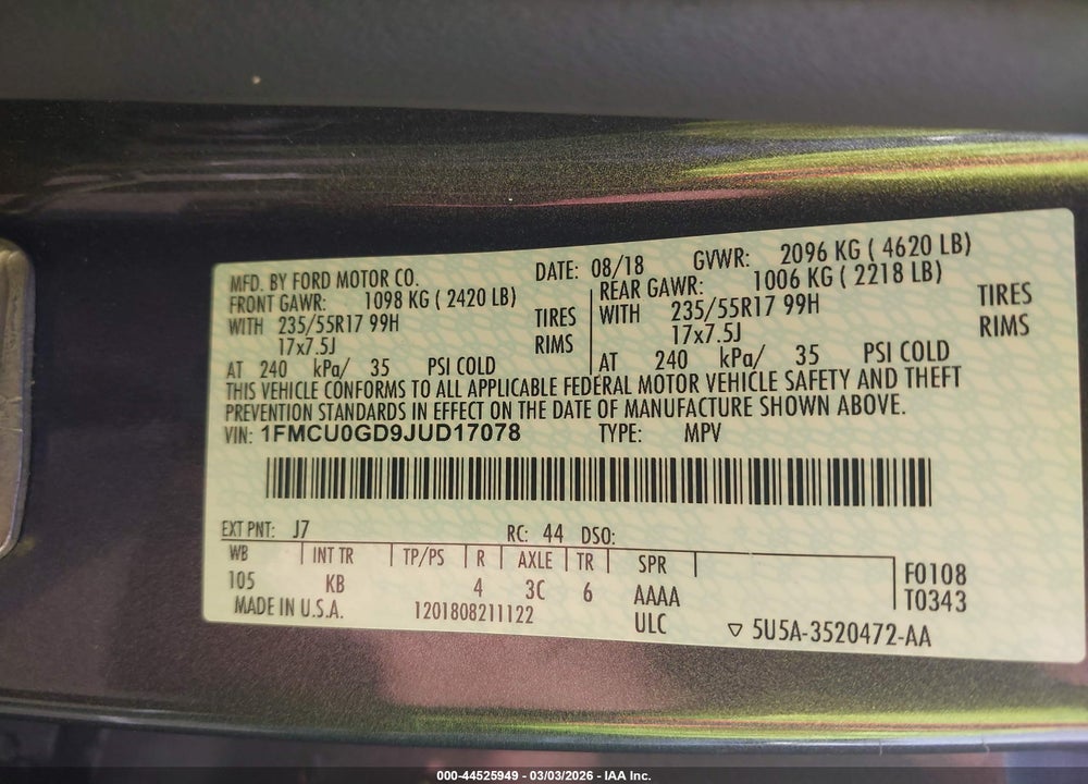 2018 FORD ESCAPE SE VIN: 1FMCU0GD9JUD17078