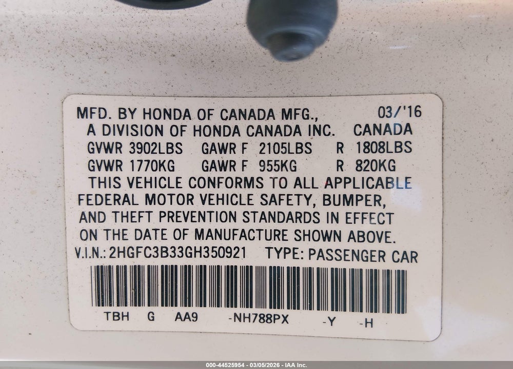 2016 HONDA CIVIC EX-T VIN: 2HGFC3B33GH350921