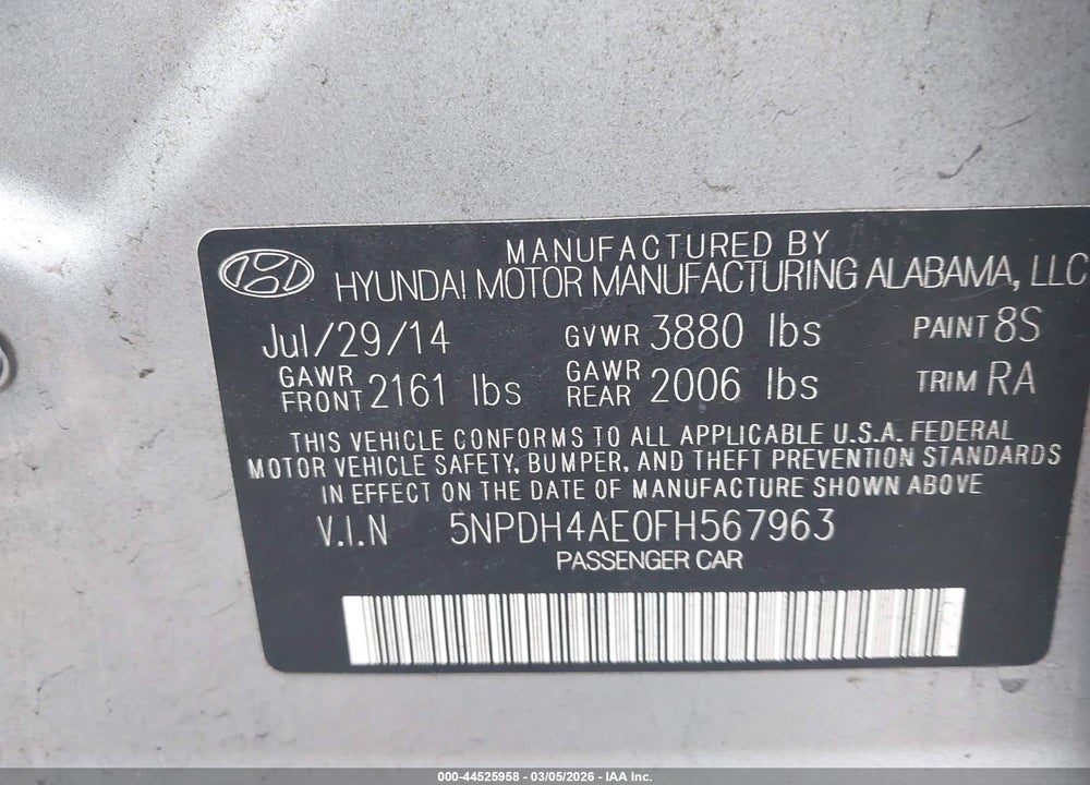 2015 HYUNDAI ELANTRA SE VIN: 5NPDH4AE0FH567963