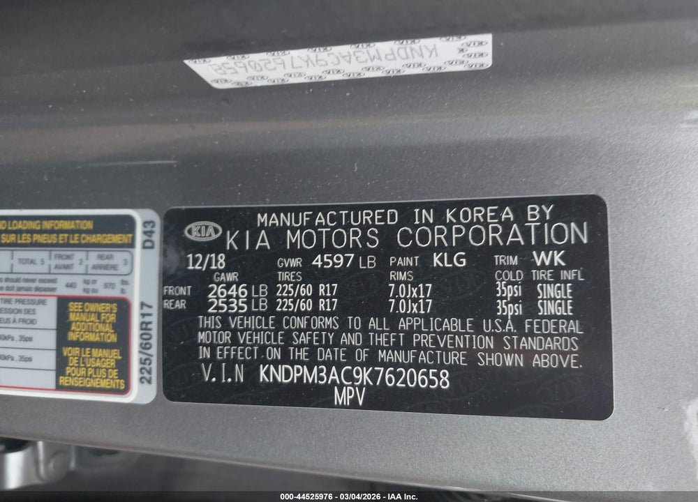 2019 KIA SPORTAGE LX VIN: KNDPM3AC9K7620658