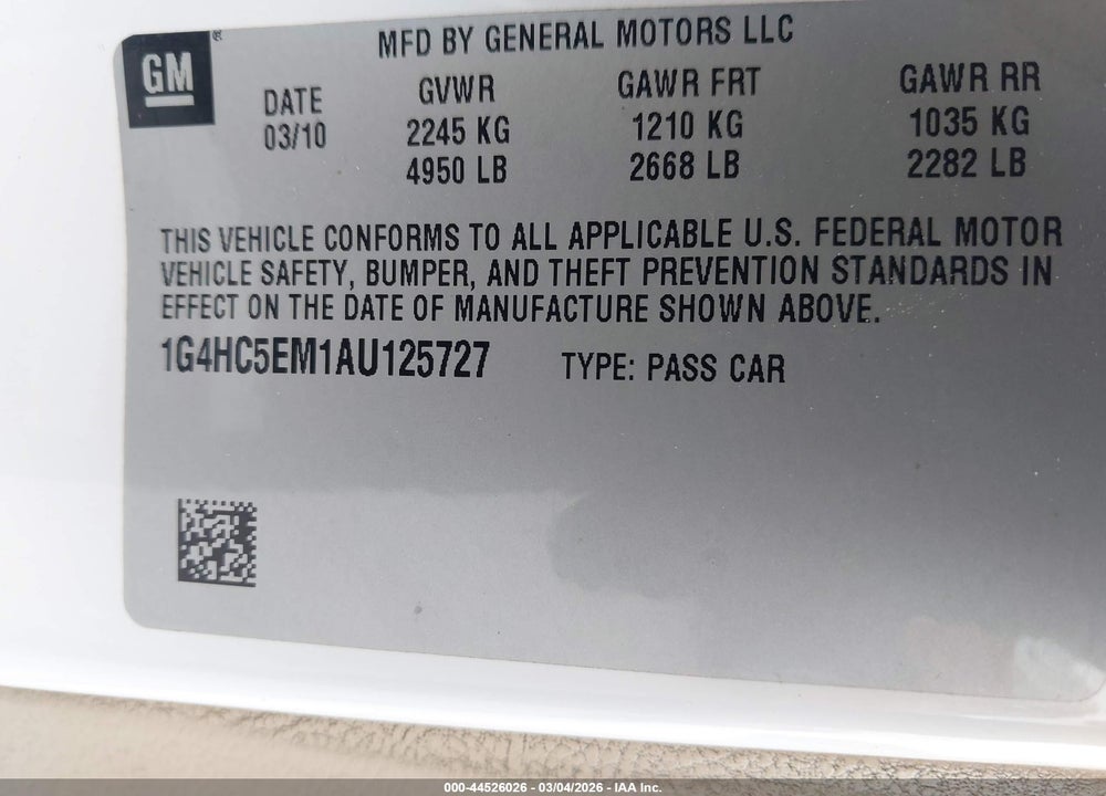 2010 BUICK LUCERNE CXL VIN: 1G4HC5EM1AU125727