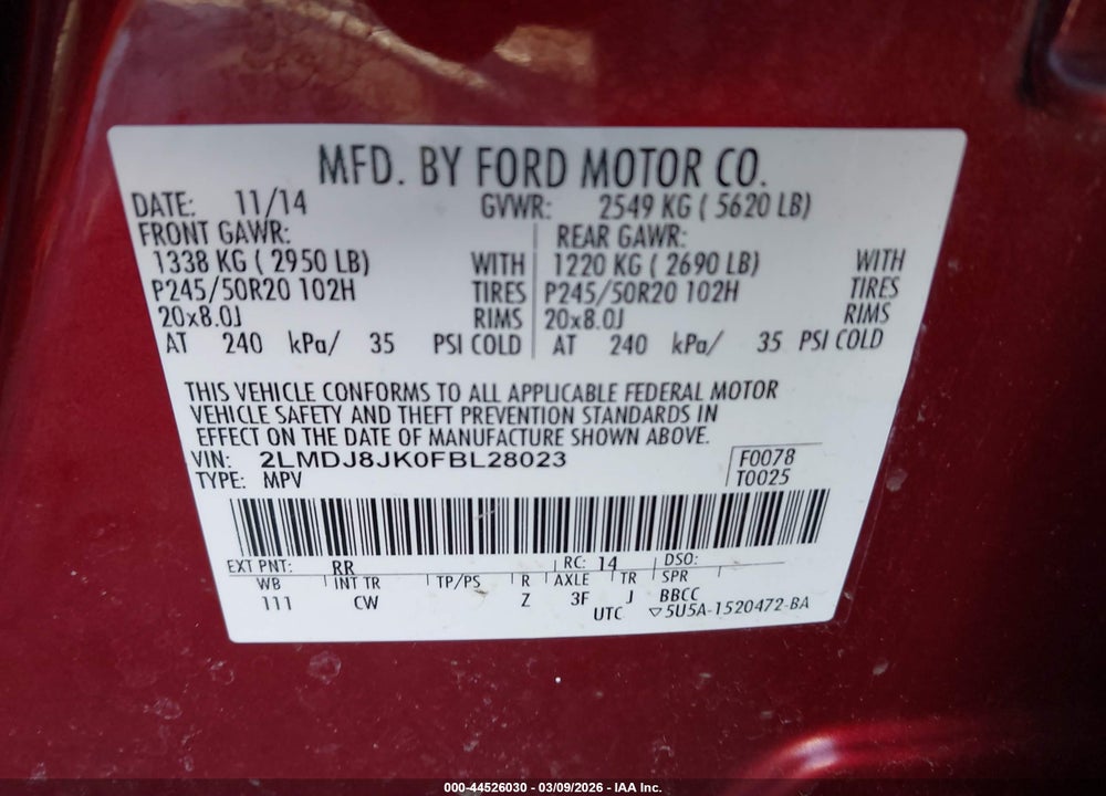 2015 LINCOLN MKX VIN: 2LMDJ8JK0FBL28023